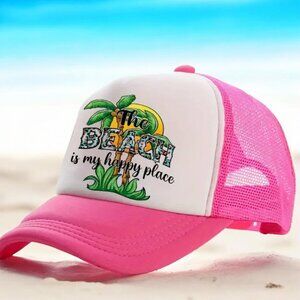 The Beach is My Happy Place Trucker Hat-Rose Red-Lightweight & Adjustable- New!